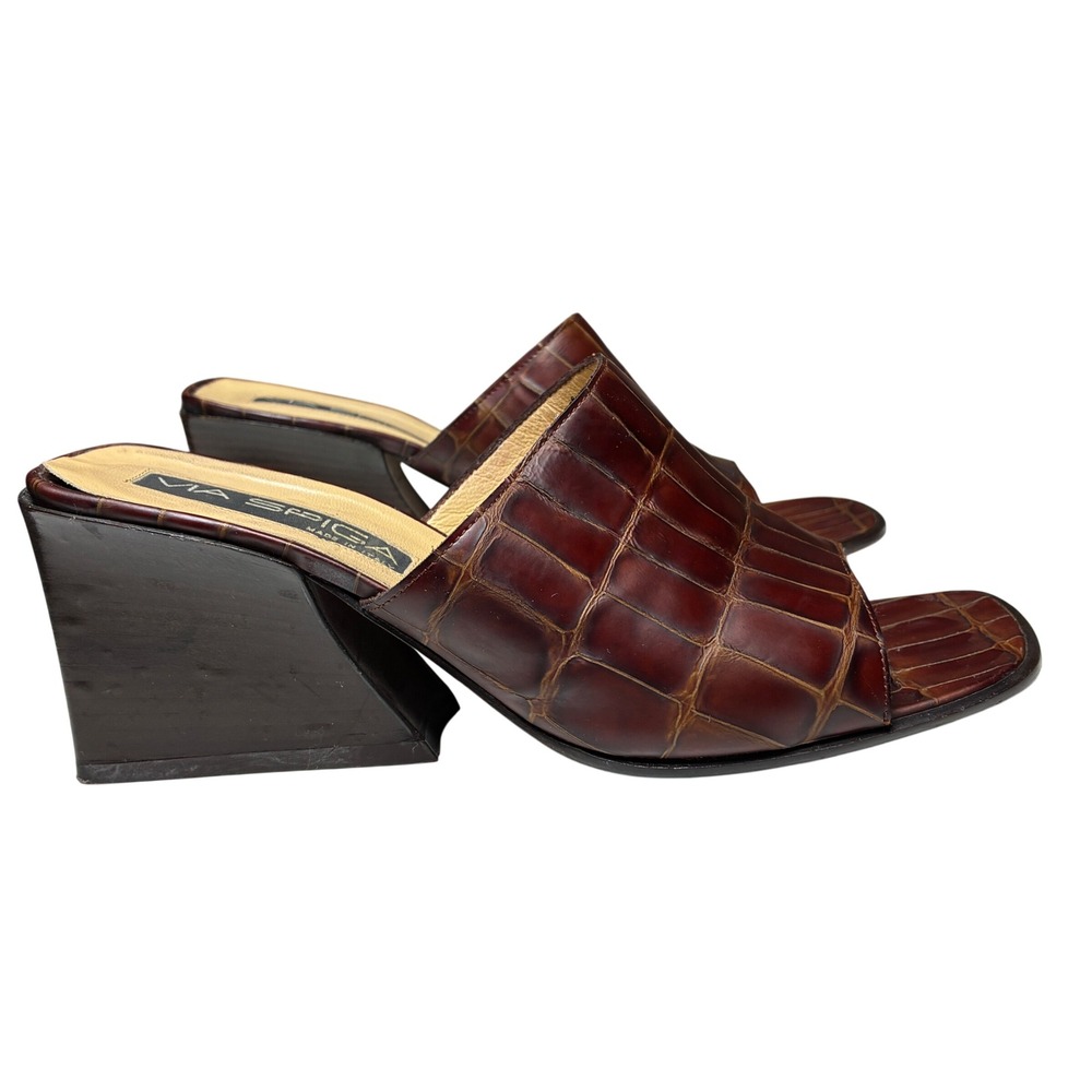 Via Spiga Brown Croc Embossed Leather Mules Square Toe Block Heel Vintage 8 M